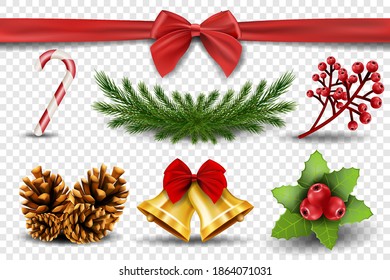 Set of decorative elements Merry Christmas. Candy cane, spruce branch, rowan, golden bells, cones, red bow, realistic vector illustration on transparent background