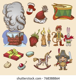 Set of decorative elements for New Year and Christmas design. Nutcracker, vintage toys, gifts and sweets.