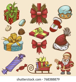 Set of decorative elements for New Year and Christmas design. Santa Claus, sledge, gifts and sweets.