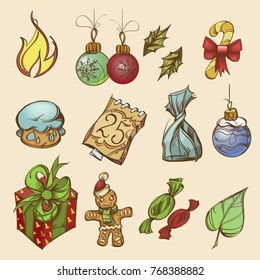 Set of decorative elements for New Year and Christmas design. Sweets and decorations.
