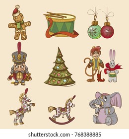Set of decorative elements for New Year and Christmas design. Nutcracker, vintage toys, Christmas tree.