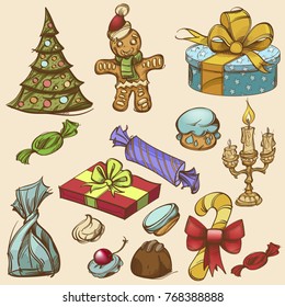 Set of decorative elements for New Year and Christmas design. Christmas tree, gifts and sweets.