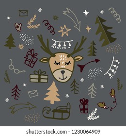 Set of decorative elements on Christmas theme. Vector illustration