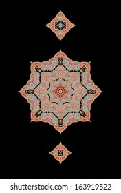 Set of decorative elements, ornamental mandala, rosettes on black background, oriental style