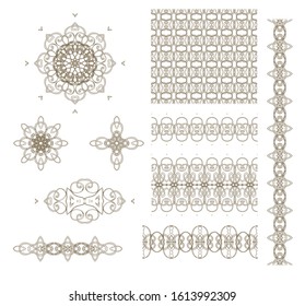 Set of  decorative elements - ornamental rosette, mandala, ornamental vector border ribbon, openwork texture oriental style, on white background