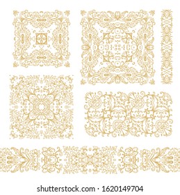 Set of  decorative elements - ornamental rosette, mandala, ornamental vector border ribbon, openwork texture oriental style, on white background