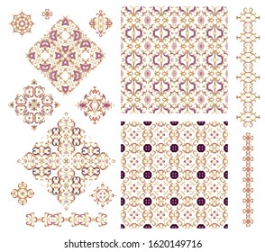 Set of  decorative elements - ornamental rosette, mandala, ornamental vector border ribbon, openwork texture oriental style, on white background