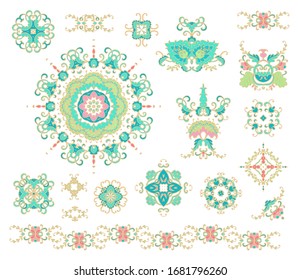 Set of  decorative elements - ornamental rosette, mandala, ornamental vector border ribbon, openwork texture oriental style, on white background
