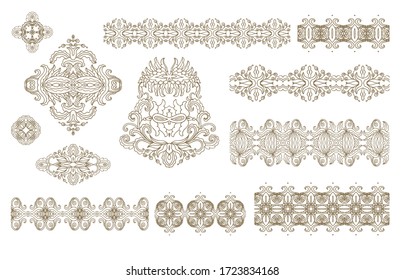 Set of  decorative elements - ornamental rosette, mandala, ornamental vector border ribbon, openwork texture oriental style, on white background