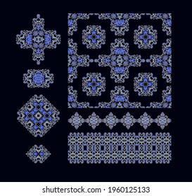 Set of  decorative elements - ornamental rosette, mandala, ornamental vector border ribbon, openwork texture oriental style, on dark background