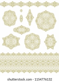 Set of decorative elements - ornamental rosettes, mandala, ornamental vector border ribbons on white background, oriental style