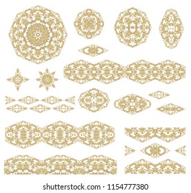 Set of decorative elements - ornamental rosettes, mandala, ornamental vector border ribbons on white background, oriental style