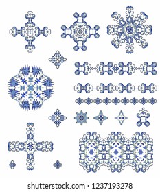 Set of decorative elements - ornamental rosettes, mandala, ornamental vector border ribbons, oriental style, on white background