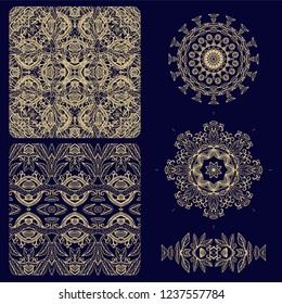 Set of decorative elements - ornamental rosettes, mandala, ornamental vector border ribbons, oriental style