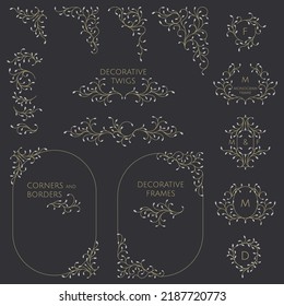 Set of decorative elements. Ornamental twigs. Elegant frames and borders, corners.