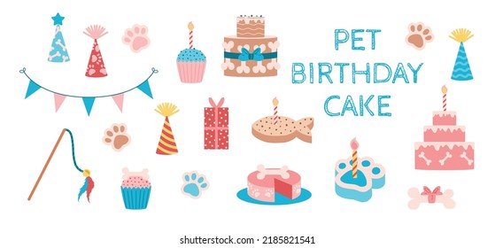 Set of decorative elements for pet birthday party flat style, vector illustration isolated on white background. Candle cakes, paper hats and garland, gifts