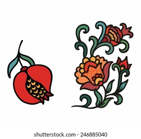 Set of decorative elements - Pomegranate fruit and stylized pomegranate flower