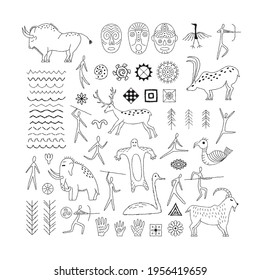 A set of decorative elements from rock art. Prehistoric drawings. Outline.
