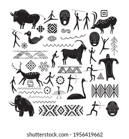 A set of decorative elements from rock art. Prehistoric drawings. Simple style.