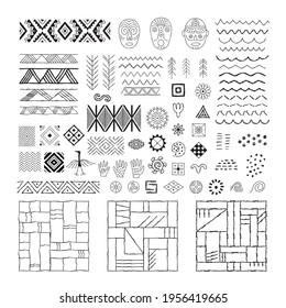 A set of decorative elements from rock art. Prehistoric drawings. Outline.