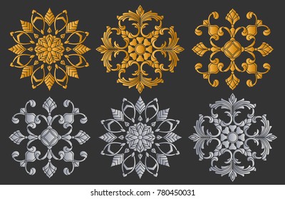 Set of decorative elements, round floral symmetric composition, gold and silver options