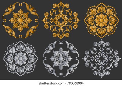 Set of decorative elements, round floral symmetric composition, gold and silver options