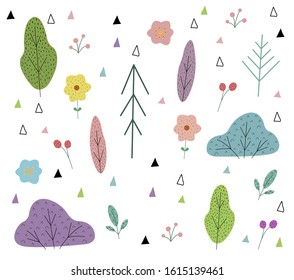 Set of decorative elements in the Scandinavian style on white background. Colorful Christmas trees, bushes, triangles and flowers for childrens illustration.