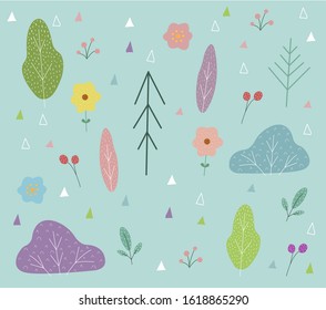 Set of decorative elements in the Scandinavian style on green background. Colorful Christmas trees, bushes, triangles and flowers for childrens illustration.