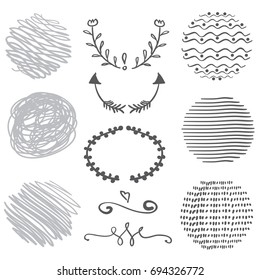 set of decorative elements. scribble color circles, floral vintage text dividers, elegant borders on white background