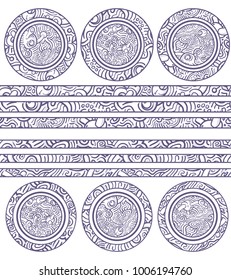 Set of Decorative Elements: seamless lines and ornamental circles. Isolated Vector Items