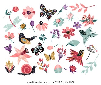 Set of decorative elements spring plants birds insects in flat style. Isolate on white background, vector.