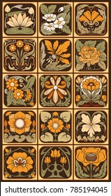 Set of decorative elements in the style of ceramic tiles in art nouveau style. Stock vector illustration.