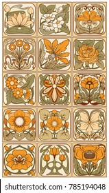 Set of decorative elements in the style of ceramic tiles in art nouveau style. Stock vector illustration.