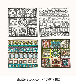 Set of decorative elements in the style of zentangl, hand-drawn and colored. Vector graphics.
