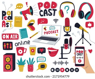 A set of decorative elements symbolizing podcasting, radio shows, audio online broadcasts. Microphones, headphones, music equipment, laptop, megaphone. Color vector illustrations isolated on white