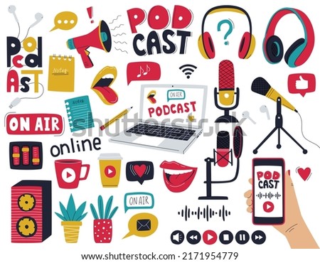 A set of decorative elements symbolizing podcasting, radio shows, audio online broadcasts. Microphones, headphones, music equipment, laptop, megaphone. Color vector illustrations isolated on white