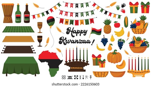 Conjunto de elementos decorativos para la tradicional fiesta afroamericana de Kwanzaa. Portadora de velas, Kinara, frutas, cajas de regalo, mkeka, tambor, taza de unidad, banderas, signos de principios. Ilustraciones vectoriales aisladas