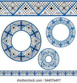 Set with decorative elements of traditional folk art of northern region of Russia. Mezensky ornament. Illustration, vector