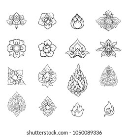 Set of decorative elements of traditional Thai ornament. Stock vector illustration.