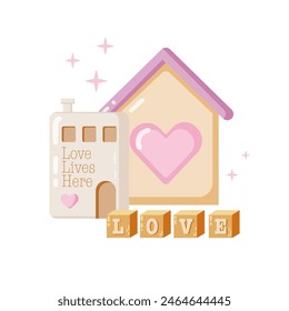 Set of decorative elements for Valentine Day. Decorative wooden house, enamel house and wooden cubes with letters. Flat style vector illustration, white background.