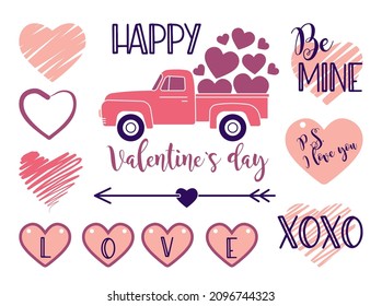 Un conjunto de elementos decorativos para el Día de San Valentín. Ilustraciones vectoriales. Sé mío, feliz día de San Valentín