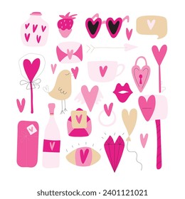 Set of decorative elements for Valentine's day for your design. Hearts, balls, candies, birds, letters, flags. Sticker pack. Isolated elements on a white background. Doodle. Hand drawn. Vector illustr