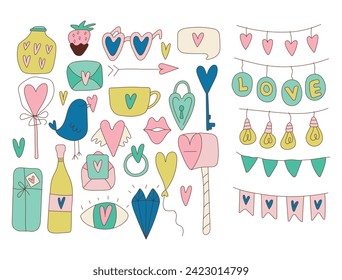 Set of decorative elements for Valentine's day for your design. Hearts, balls, candies, birds, letters, flags. Sticker pack. Isolated elements on a white background. Doodle. Hand drawn. Vector