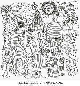 Set of decorative elements in vector. Fantasy fairy houses in the magic forest. Pattern for coloring book. Mushrooms, flowers, sun. Black and white pattern. Sketch by trace. Zentangle.