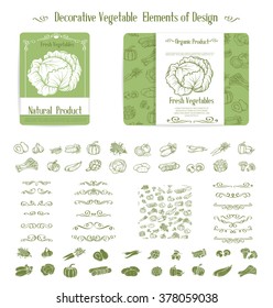 Set of decorative elements of vegetables and swirl dividers for design. Hand drawn vegetables vector icons.