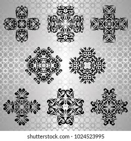 Set of decorative elements in vintage style. Seamless silver background. Vector illustration    