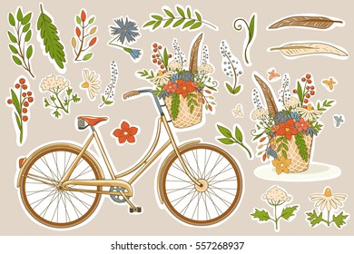 Set with decorative elements. The yellow bike with branches, leaves and basket with flowers. Vector design collection isolated on pink background. Drawing in retro style.