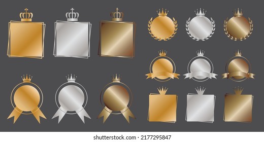 Set of decorative emblem icons. Gold, silver and bronze frames collection. Round frames, Ribbon labels and award design elements. Vector illustration.