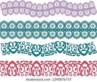 SET OF DECORATIVE EMBROIDERY LACE TRIM USED FOR WOMEN AND GIRLS APPAREL DRESSES TOPS AND ACCESSORIES FASHION DESIGN VECTOR ILLUSTRATION