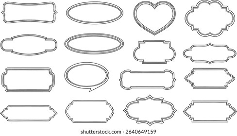 Set of decorative empty frames in various shapes for labels and invitations in black outline